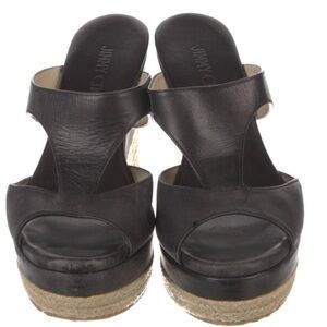 Jimmy Choo Black Leather Espadrille Wedges